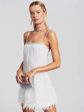 Spaghetti Strap White Feather-Hem Dress